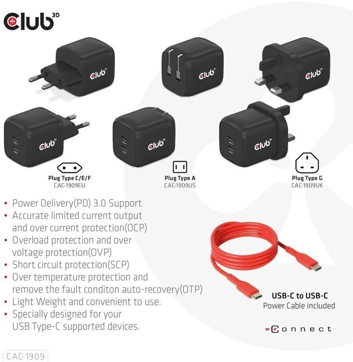 Club3D síťová nabíječka, GAN technologie, 2xUSB-C, PD 3.0, 45W, černá_893733261
