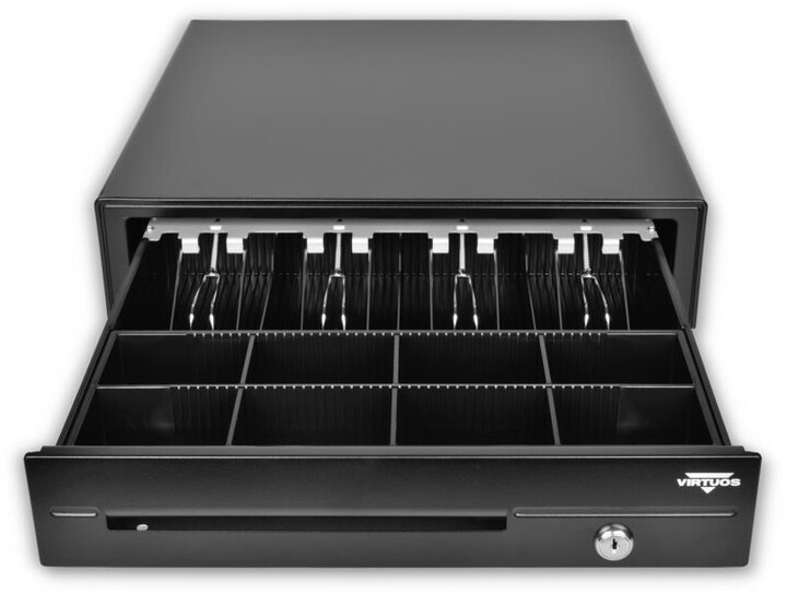Virtuos pokladní zásuvka C420D - s kabelem, kovové držáky, 9-24V, černá_1831701260