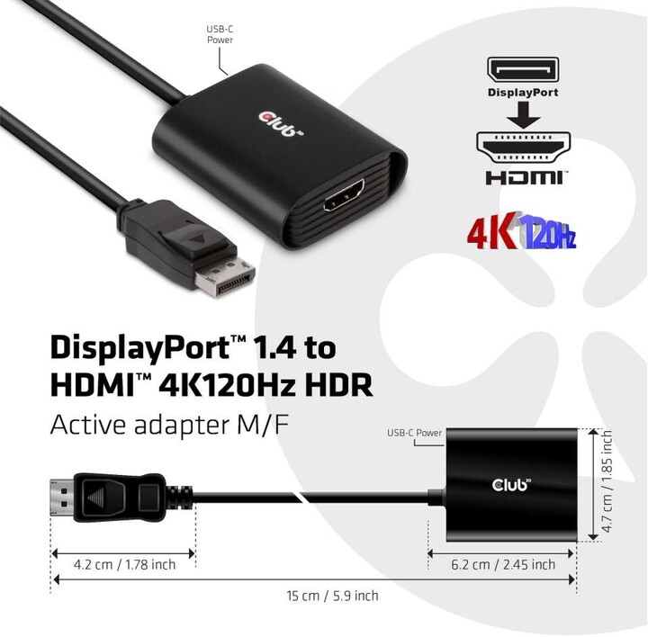 Club3D adaptér aktivní DisplayPort 1.4 na HDMI 4K120HZ HDR (M/F), černá_1918389347