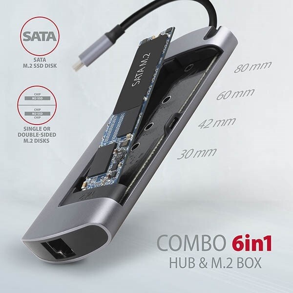 AXAGON HMC-6M2, USB 3.2 Gen 1 hub, 2x USB-A, HDMI, RJ-45 GLAN, SATA M.2, PD 100W, kabel USB-C 18cm_1265647509