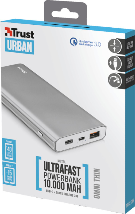 Trust Omni Thin metal PowerBank USB-C QC3 10000 mAh, stříbrná_1931102766