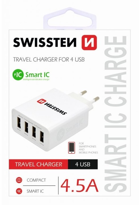 SWISSTEN travel charger smart IC with 4x USB 4,5A Power, bílá_1731604430
