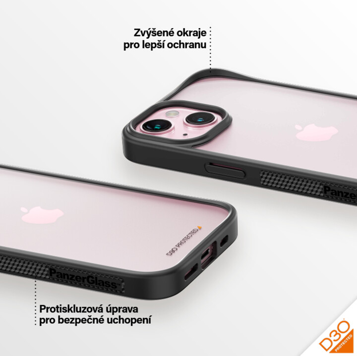 PanzerGlass ochranný kryt ClearCase D3O pro Apple iPhone 15, Black edition_653353662