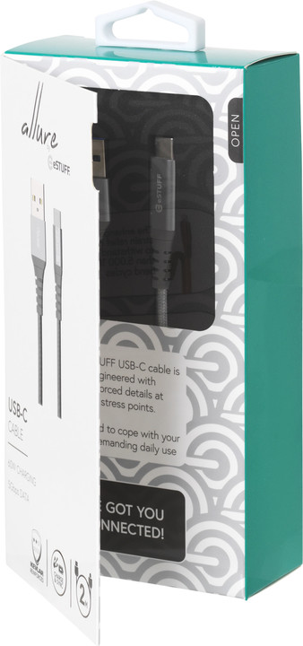 eSTUFF Allure datový kabel USB-C s podporou 5 Gbps, 3A, 2m, šedá_884760865