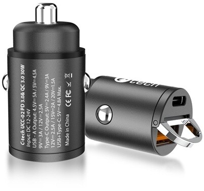 C-TECH nabíječka do auta, USB-A, USB-C, 30W, PD 3.0, QC 3.0, hliníkové tělo_1545632582