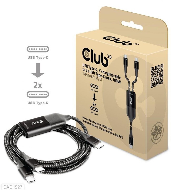 Club3D nabíjecí kabel Y USB-C - 2x USB-C, 100W, 1.83m, černá_1744410663