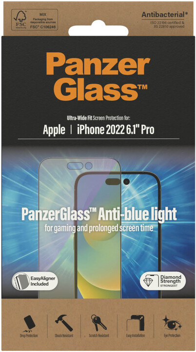 PanzerGlass ochranné sklo pro Apple iPhone 14 Pro s Anti-BlueLight vrstvou a instalačním rámečkem_1114688221