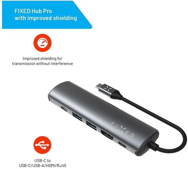 FIXED USB-C hliníkový 6-portový HUB Pro, šedá_2012083642