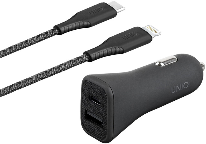 UNIQ nabíječka do auta Votra Duo Kit, PD, 18W, černá + USB-C - Lightning kabel_157795147