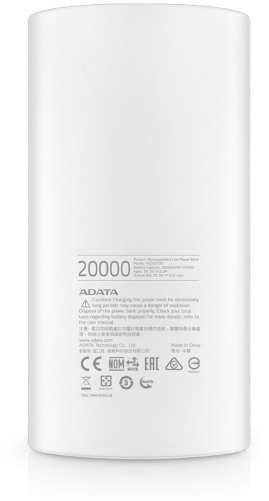 ADATA powerbanka P20000D, 20000mAh, LED svítidlo, bílá_1853063038