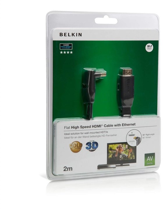 Belkin HDMI/HDMI HighSpeed 3D s Ethernetem, boční 90°, zlacený, 2m_2129603284
