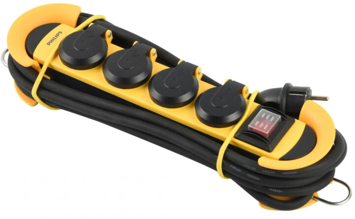 Philips prodlužovací kabel 230V, 3m, 4 zásuvky + vypínač, IP44, žlutá/černá_501716434