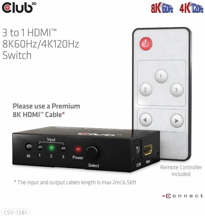 Club-3D HDMI switch 1:3, 8K@60Hz/4K@120Hz_142588798