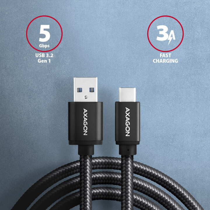 AXAGON kabel USB-A - USB-C SPEED USB3.2 Gen 1, 3A, opletený, 1m, černá