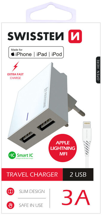 SWISSTEN síťový adaptér SMART IC, CE 2x USB 3 A Power + datový kabel USB/Lightning MFI 1,2m, bílá_465296740