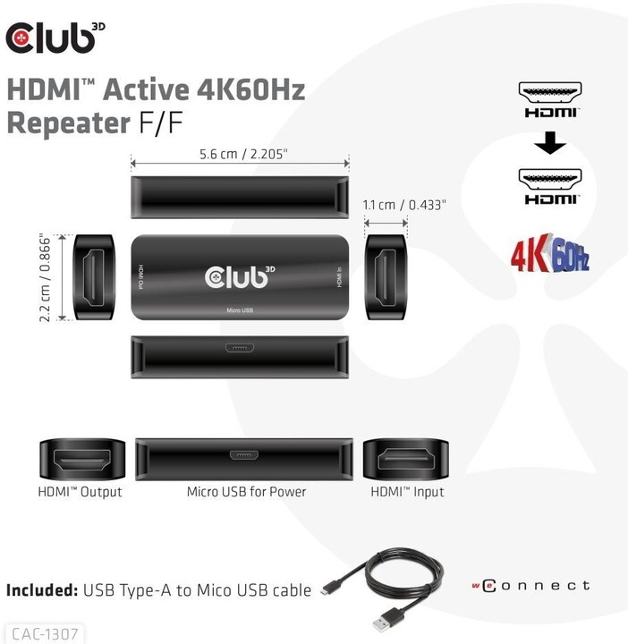 Club3D adaptér / repeater aktivní HDMI 4K@60Hz (F/F), černá_1219346578