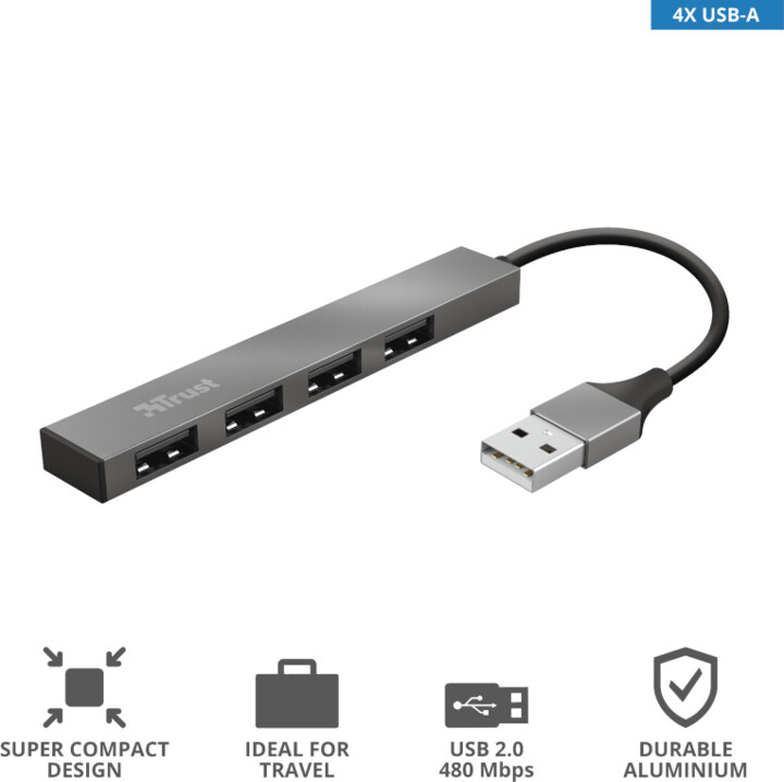 Trust mini USB hub Halyx, 4xUSB 2.0, hliník_1487931731