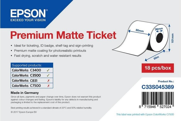 Epson ColorWorks role pro pokladní tiskárny, Premium Matte Ticket, 80mmx50m_85884100