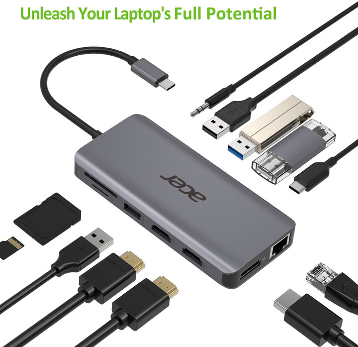 Acer dokovací stanice USB-C 12v1, 2 x USB3.2, 2 x USB2.0, SD/TF, 2 x HDMI, DP, RJ45, jack, PD 60W_1258202183