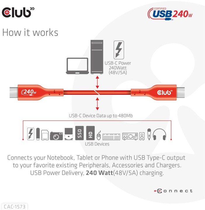 Club3D kabel USB-C, Data 480Mb,PD 240W(48V/5A) EPR, M/M, 2m_2109057458