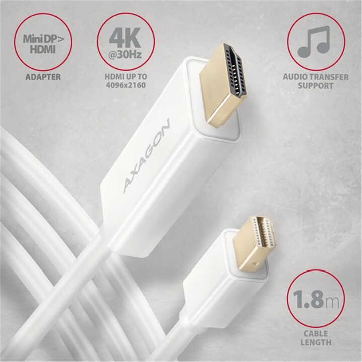 AXAGON kabel mini DisplayPort - HDMI 1.4, 4K@30Hz, 1.8m, bílá_520335089