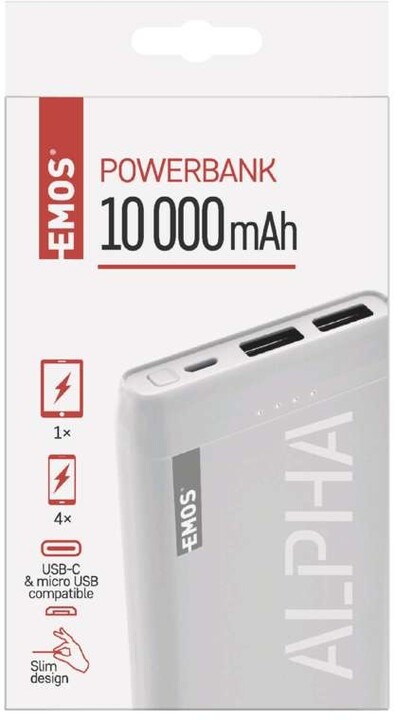 Emos Alpha 10S powerbanka, 10000 mAh, bílá_274273000
