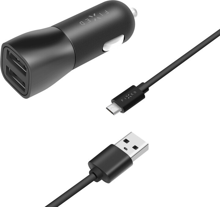 FIXED autonabíječka, 2x USB-A, 15W + USB-A - microUSB kabel, 1m, černá_271723343