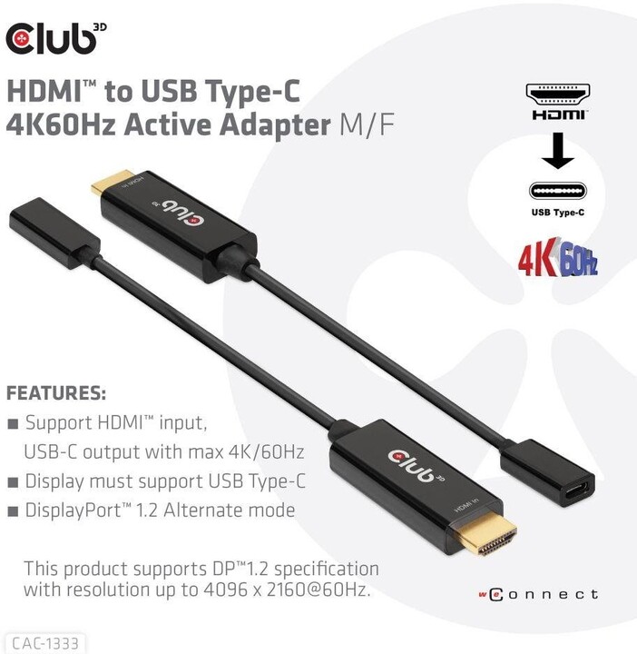 Club3D aktivní adaptér HDMI na USB-C, 4K@60Hz, M/F_1945390087