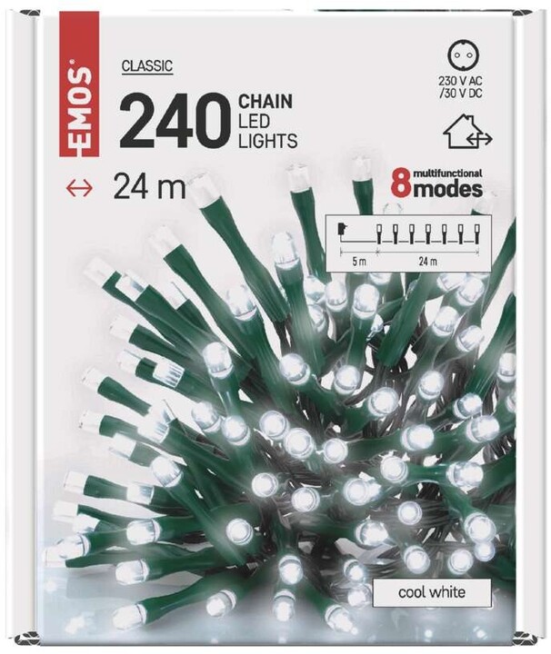 Emos LED vánoční řetěz, 24 m, venkovní i vnitřní, studená bílá, programy_322537919
