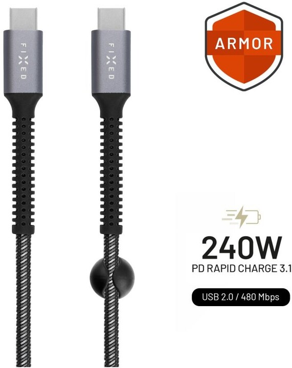 FIXED odolný nabíjecí a datový kabel Armor USB-C - USB-C, 1.2m, USB 2.0, PD 240W, šedá_1838520711