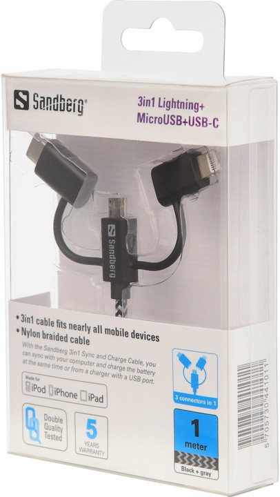 Sandberg kabel Lightning+MicroUSB+USB-C, 1m_1947369949