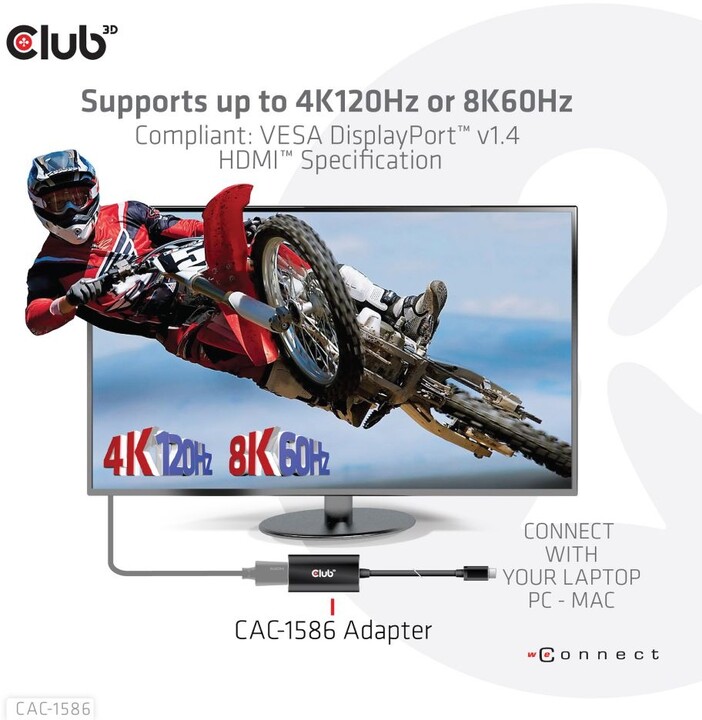 Club3D adaptér aktivní USB-C Gen2 na HDMI 4K120Hz HDR10 s DSC 1.2 (M/F), černá_1948579516