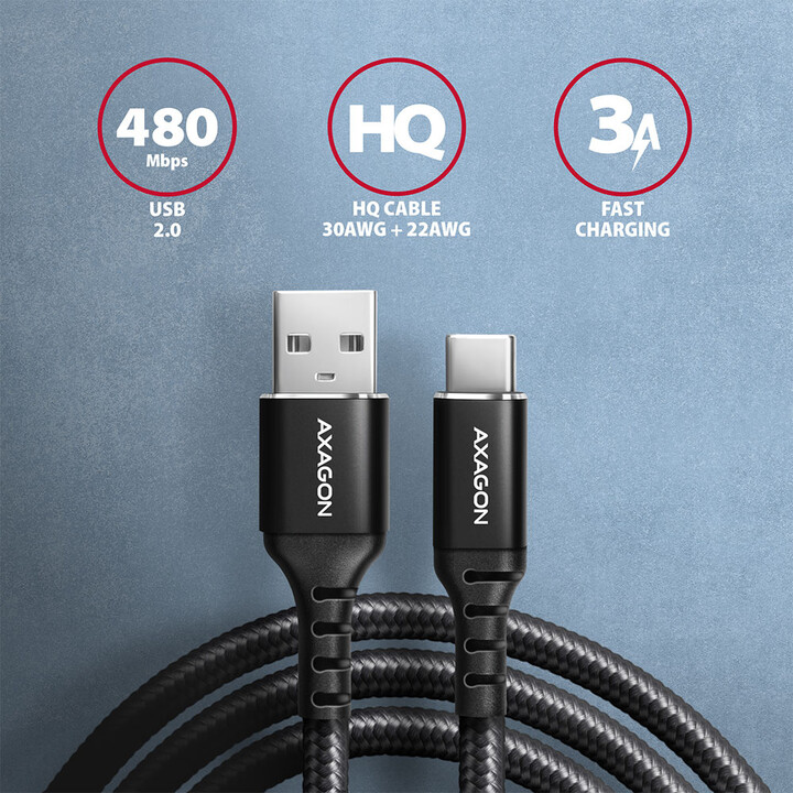AXAGON kabel USB-C - USB-A, USB 2.0, 3A, ALU, opletený, 1.5m, černá_1351207416