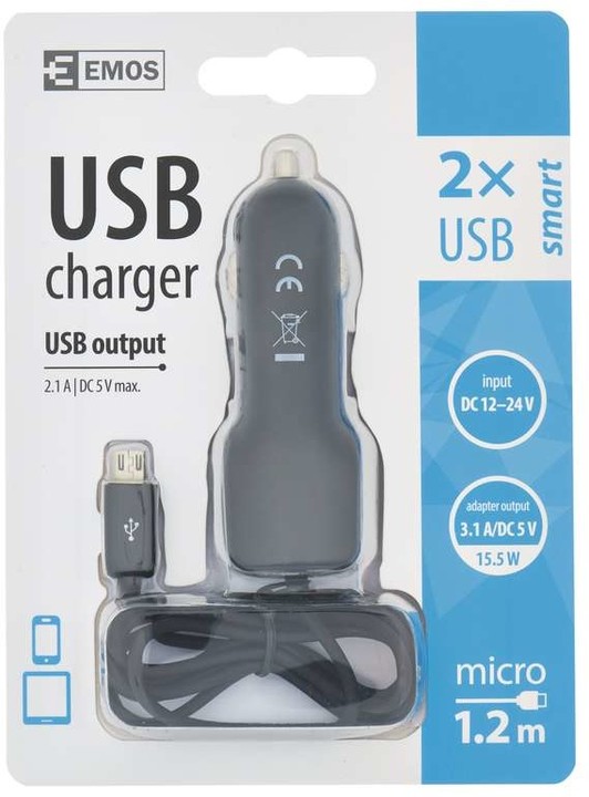 Emos Univerzální USB adaptér do auta 3,1A (15,5W) max., kabelový_1880898643
