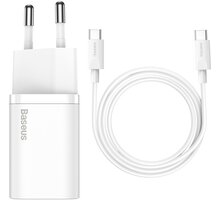 Baseus síťová nabíječka Super Si Quick 1C, USB-C, 25W, bílá + kabel USB-C - USB-C, 3A, 1M, bílá TZCCSUP-L02
