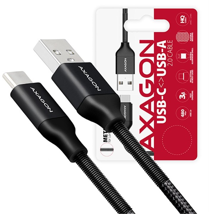 AXAGON SPRING USB-C - USB-A, 1m, 3A, oplet, černý_1120619728