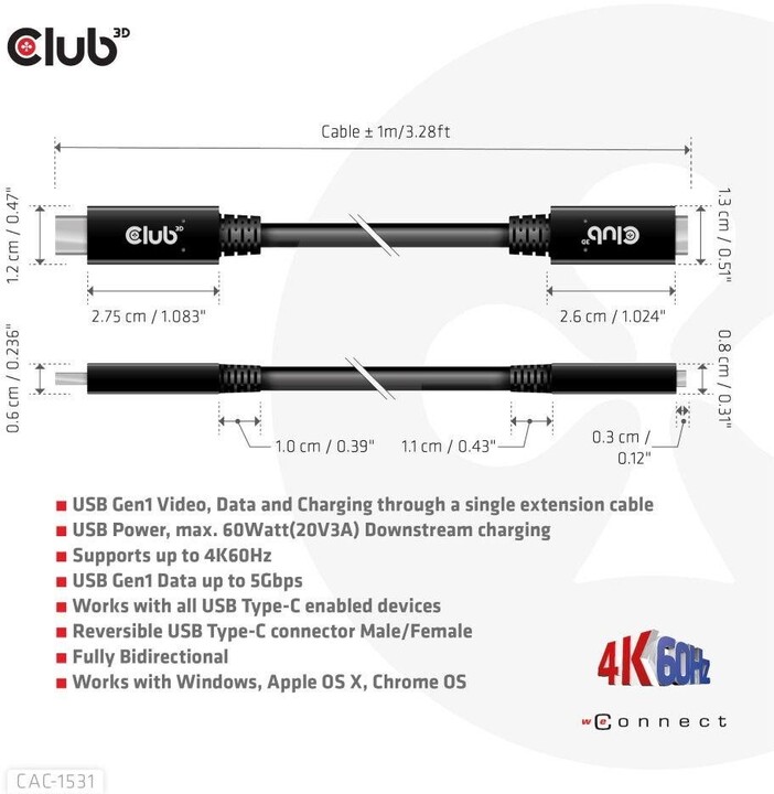 Club3D prodlužovací kabel USB-C, 5Gbps, 60W(20V/3A), 4K@60Hz (M/F), 1m_1012171829