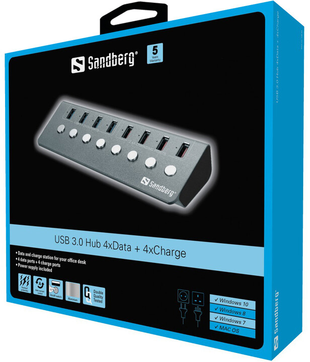 Sandberg USB HUB, 4x USB 3.0, 4x USB-A 2.4A, černá_1957003099