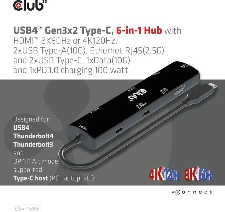 Club3D hub USB-C, 6-in-1 Hub s HDMI 8K60Hz/4K120Hz, 2xUSB-A, RJ45 a 2xUSB-C, 1xData, 1xPD 3.0_329492862