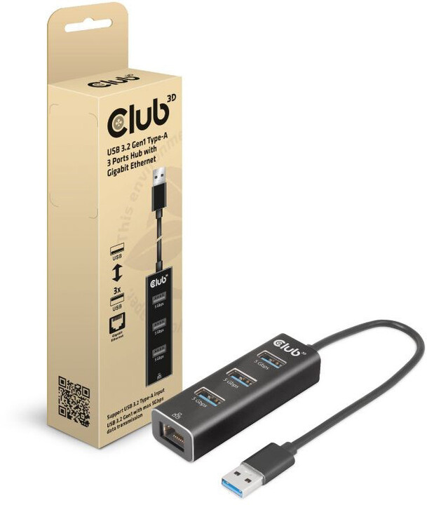Club3D rozbočovač, USB-A 3.2 Gen1 - 3x USB 3.1, Gigabit Ethernet_1190383279