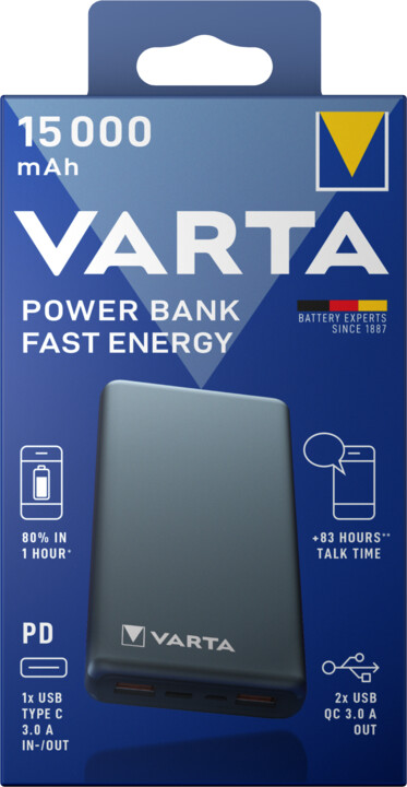 VARTA powerbanka Fast Energy, 15000mAh, USB-C, 2xUSB 3.0, QC, PD, šedá_1932589270