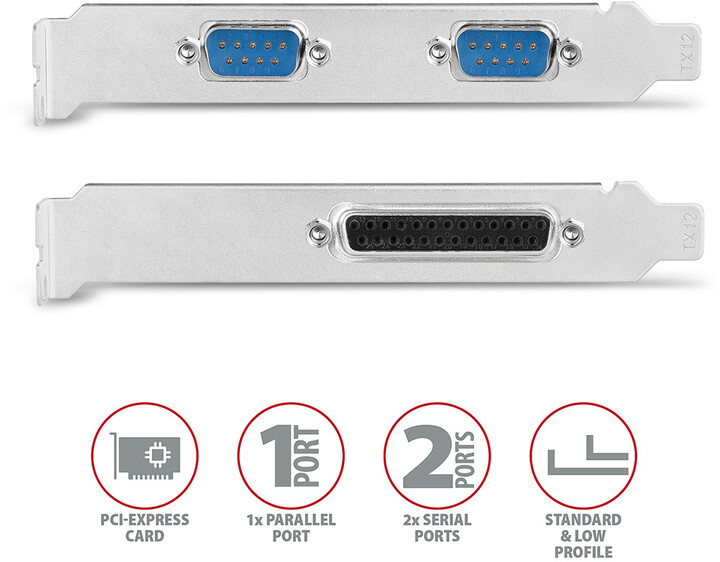 AXAGON PCEA-PSN, PCIe řadič - 1x paralelní (LPT) + 2x sériový port (RS232) 250 kbps, vč. LP_1761506717