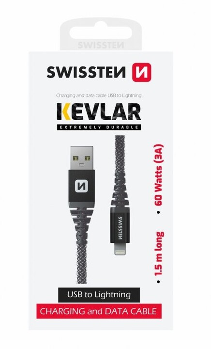 SWISSTEN odolný datový kabel USB-A - Lightning, 60W, kevlarový, 1.5m, černá_708590413