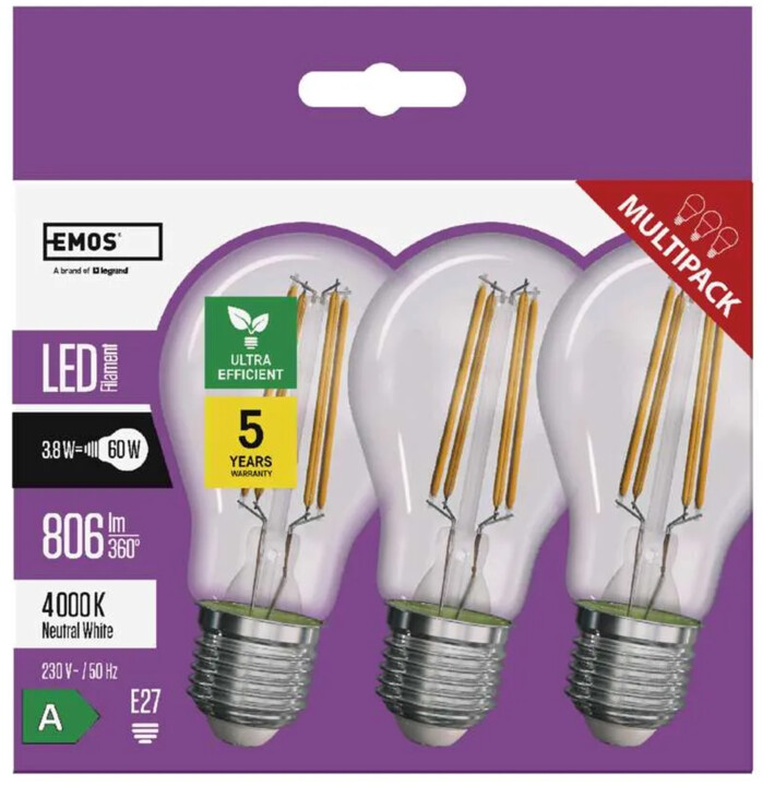Emos LED žárovka Filament 3.8W (60W), 806lm, E27, neutrální bílá, 3ks_890738443