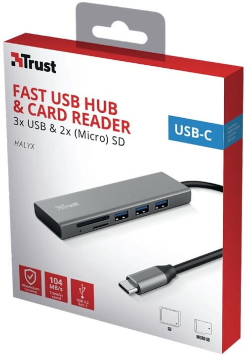 TRUST USB-C hub Halyx Fast, 3xUSB 3.2 Gen 1, čtečka karet, stříbrná_1454538227