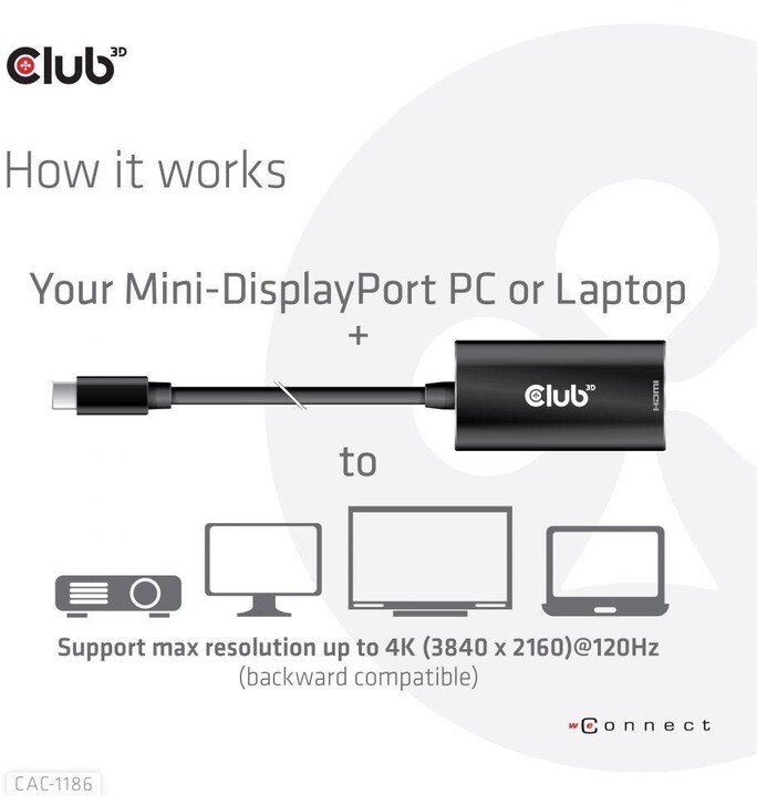 Club3D aktivní adaptér mini DisplayPort 1.4 na HDMI 4K@120Hz s DSC1.2, černá_1681647349