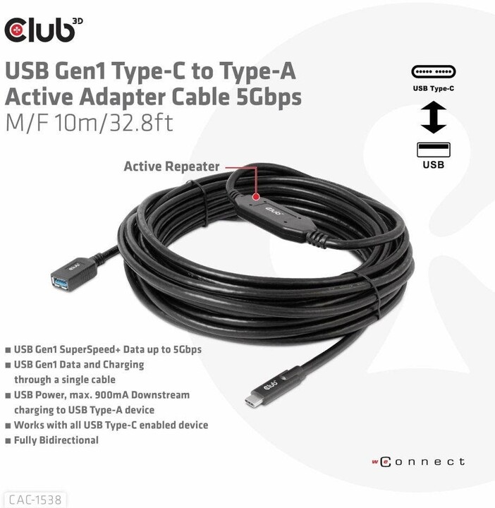 Club3D kabel USB-C - USB-A, 5 Gbps (M/F), 10m_1836926572