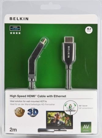 Belkin HDMI/HDMI HighSpeed 3D s Ethernetem, boční 180°, zlacený, 2m_244321440