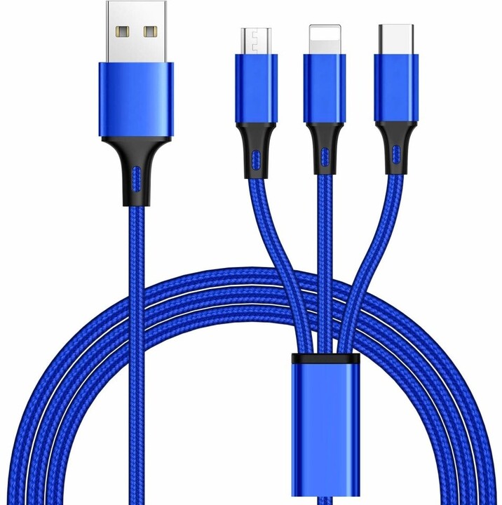 PremiumCord kabel USB 3v1, USB-C, micro USB, Lightning, 1.2m, modrá_1230002622