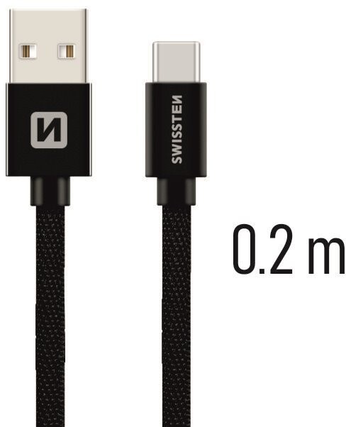 SWISSTEN datový kabel USB - USB-C, M/M, 3A, opletený, 0.2m, černá